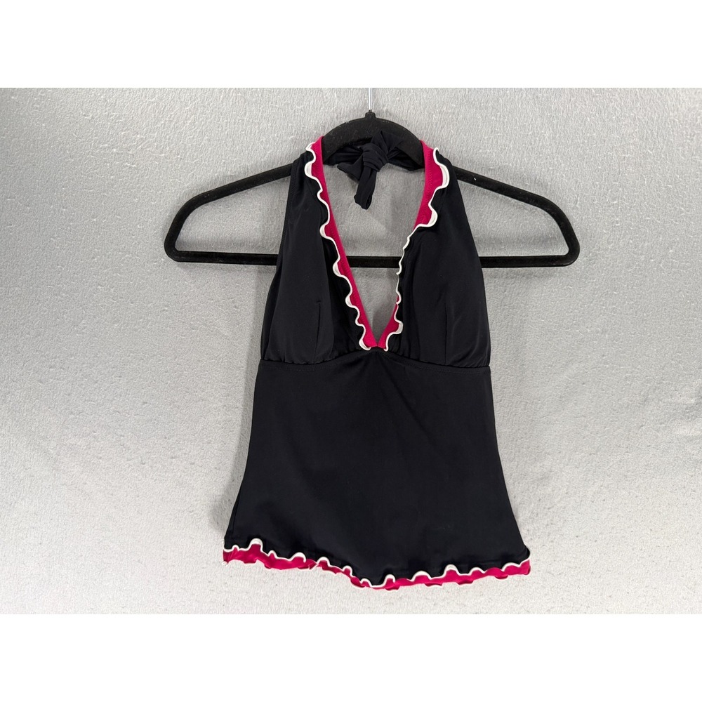 Profile by Gottex Tankini Top Size 8 36D Black Pink Palmita Halter Lettuce Y2K